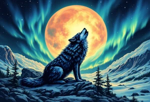 lone wolf howling at full moon with northern lights backdrop tattoo idea