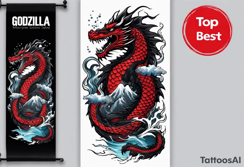 godzilla inspired dragon irezumi arm sleeve in black and red with water and lightning tattoo idea