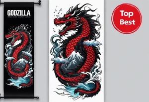 godzilla inspired dragon irezumi arm sleeve in black and red with water and lightning tattoo idea