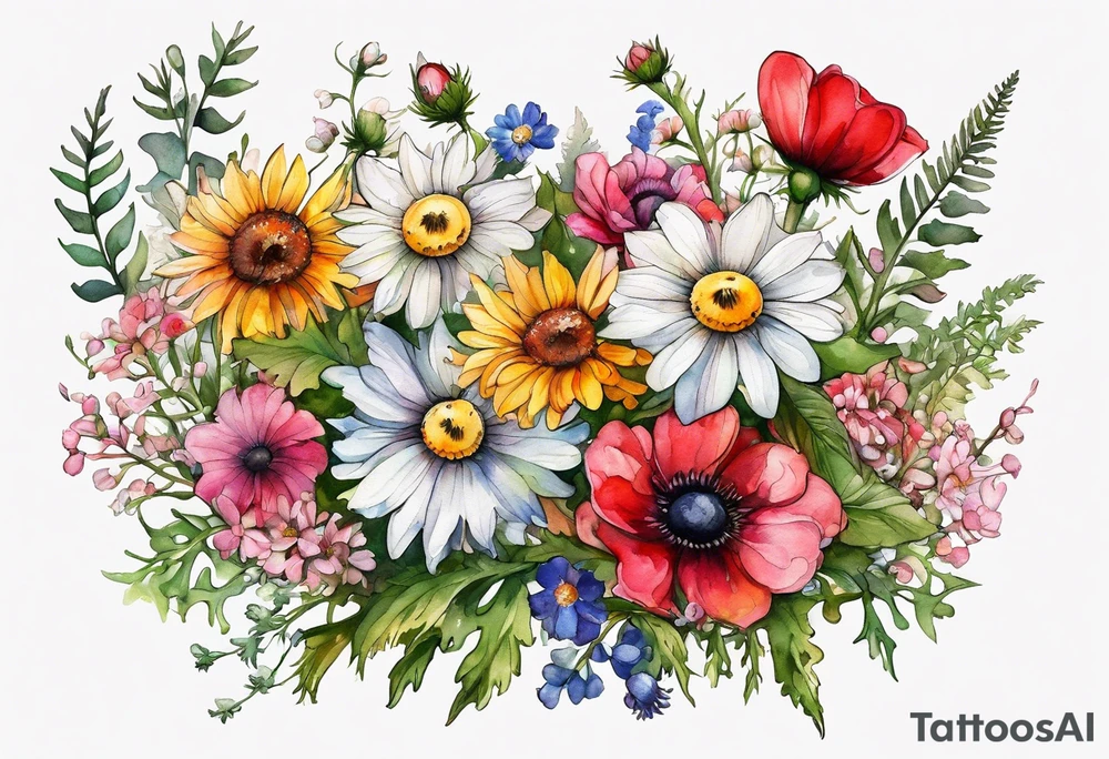 wildflowers cascading with thistles, ferns, white anemones, sun flowers, buttercups, pink flowers, red flowers, babys breath and daisies all in watercolor tattoo idea
