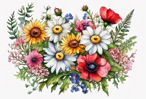 wildflowers cascading with thistles, ferns, white anemones, sun flowers, buttercups, pink flowers, red flowers, babys breath and daisies all in watercolor tattoo idea