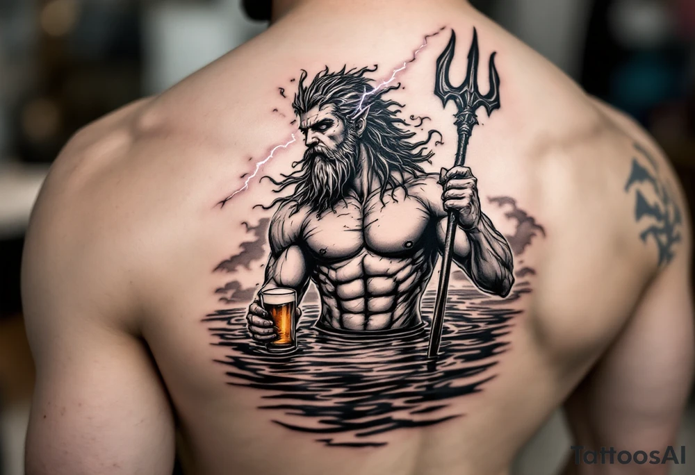 young, fit poseidon in calm water, holding a trident, holding a beer, with lightning tattoo idea