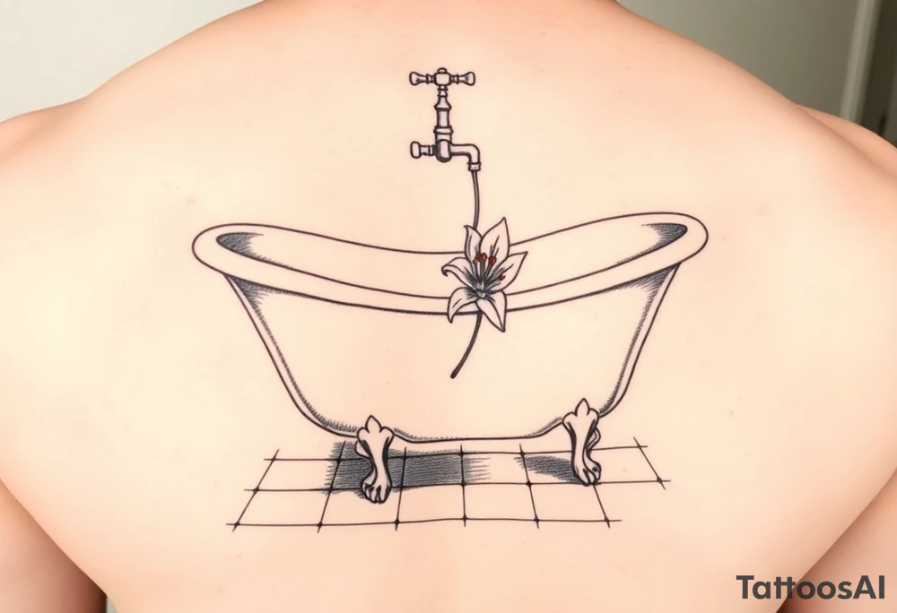 clawfoot bathtub with simple faucet and lily coming up out of the tile floor tattoo idea