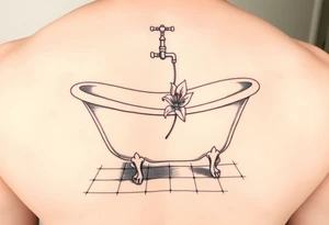 clawfoot bathtub with simple faucet and lily coming up out of the tile floor tattoo idea