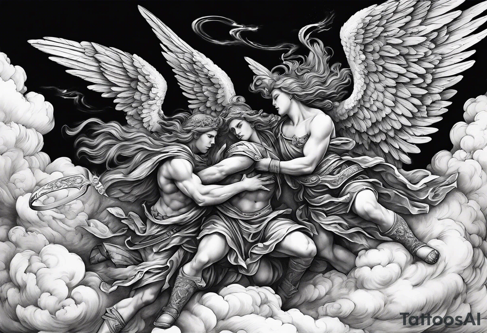 Angels fighting against demons in the clouds tattoo idea