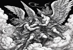 Angels fighting against demons in the clouds tattoo idea