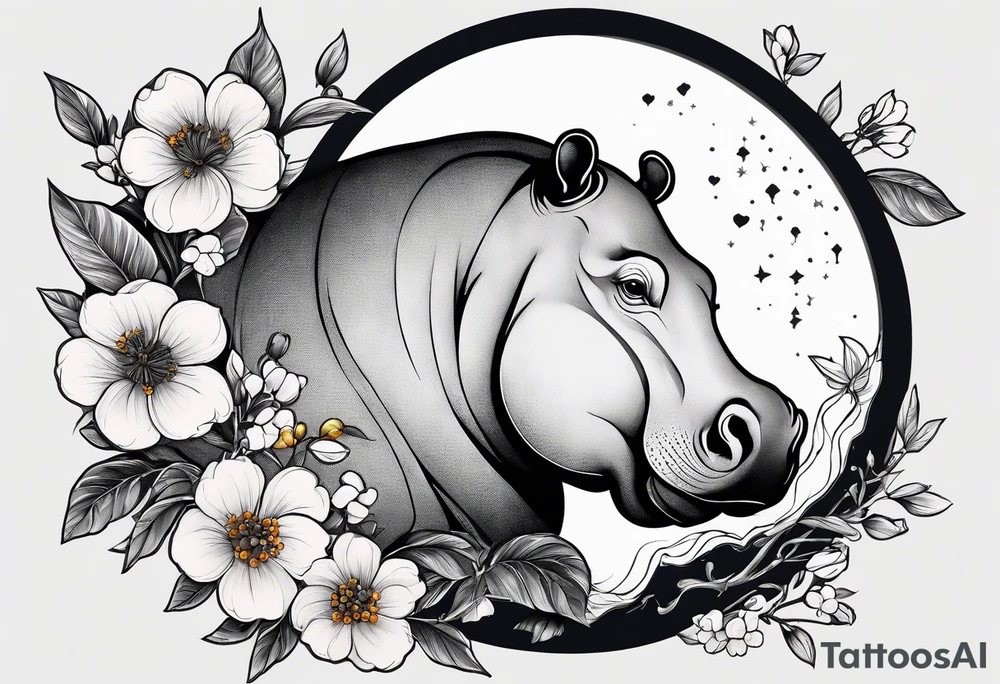 Asymmetrical, geometric, chinese ink art touch, hippo , full moon, wintersweet flower, light , modify from my favourite, s-shape tattoo idea