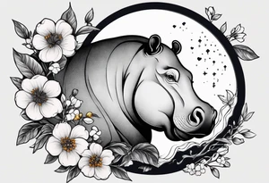 Asymmetrical, geometric, chinese ink art touch, hippo , full moon, wintersweet flower, light , modify from my favourite, s-shape tattoo idea