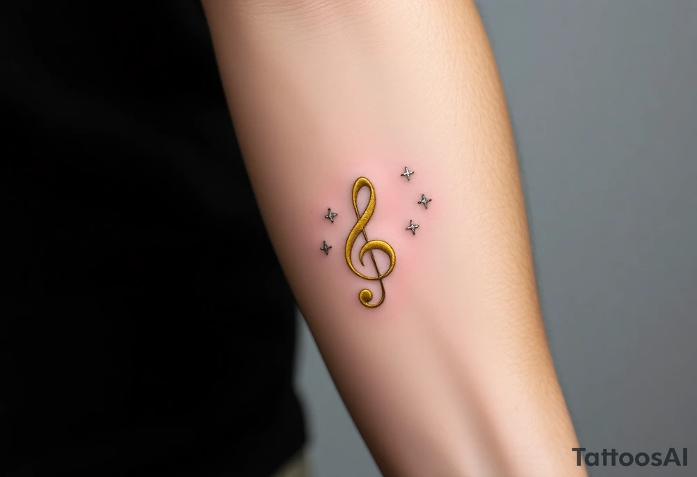 A gold treble clef with subtle silver accents, surrounded by delicate sparkles tattoo idea