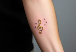 A gold treble clef with subtle silver accents, surrounded by delicate sparkles tattoo idea