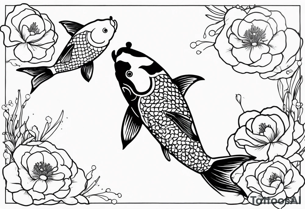 2 Koi fish swimming around Taurus birth flower tattoo idea