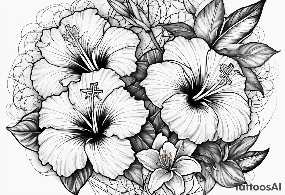 hibiscus and lily flowers in the background with an absent cross overlapping it tattoo idea