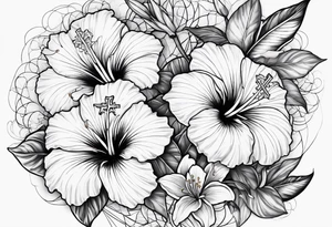 hibiscus and lily flowers in the background with an absent cross overlapping it tattoo idea