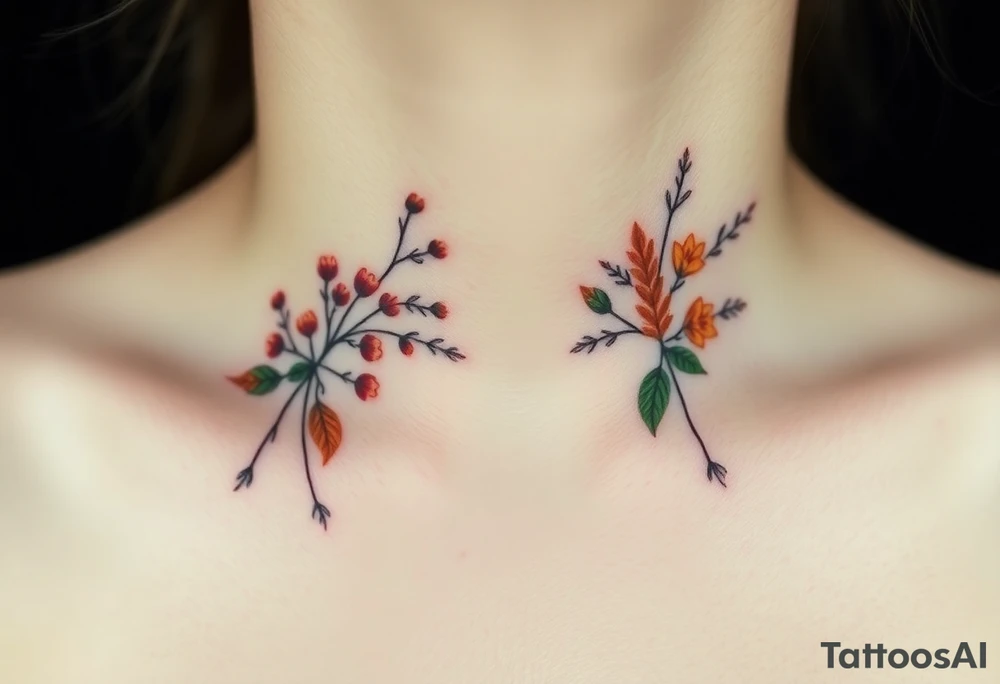 Two separate collarbone tattoos of long, thin stems and branches covered with red, orange, yellow and dark forest green leaves and flowers, muted and light, delicate and gentle but moody tattoo idea