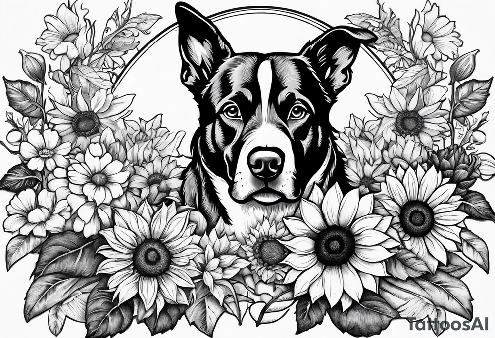 I want to include a dog paw, the Murphy family crest and sunflowers in a back tattoo tattoo idea