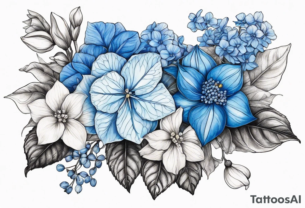 Blue Hydrangea with Narcissus, Poinsettia, Holly, Gladiolus, Poppy, Daisy, Sweet Pea floral bouquet tattoo idea