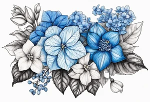 Blue Hydrangea with Narcissus, Poinsettia, Holly, Gladiolus, Poppy, Daisy, Sweet Pea floral bouquet tattoo idea