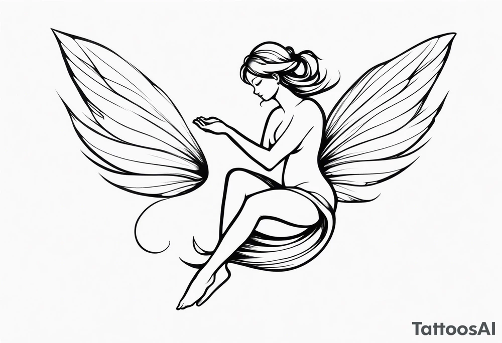 Minimalistic, monochromatic fairy with a tail flying to the left in a fetal position, leaning and looking in the same direction, with visible hands, embodying the 'Fairy Tail' logo aesthetic. tattoo idea