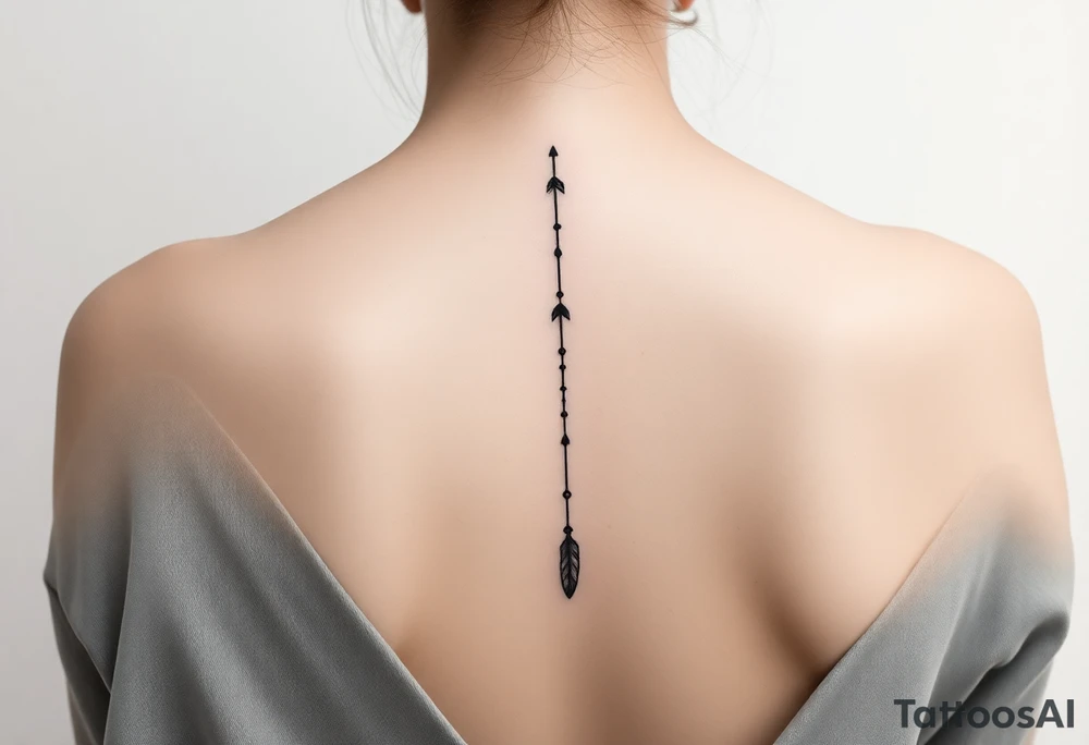 Thin spinal tattoo following down the spine in a native style with 3 vertical different lengths flowing lines made of a discreet connection of morse code ".--- .- --.     .-.. ... -.- .- .-.   -.. .. --.     .-.. .. .-.. .-.. . -... .-. --- .-. forming 3 arrow shapes connected to 3 flowing feathers hanging from the end of the morse code lines tattoo idea