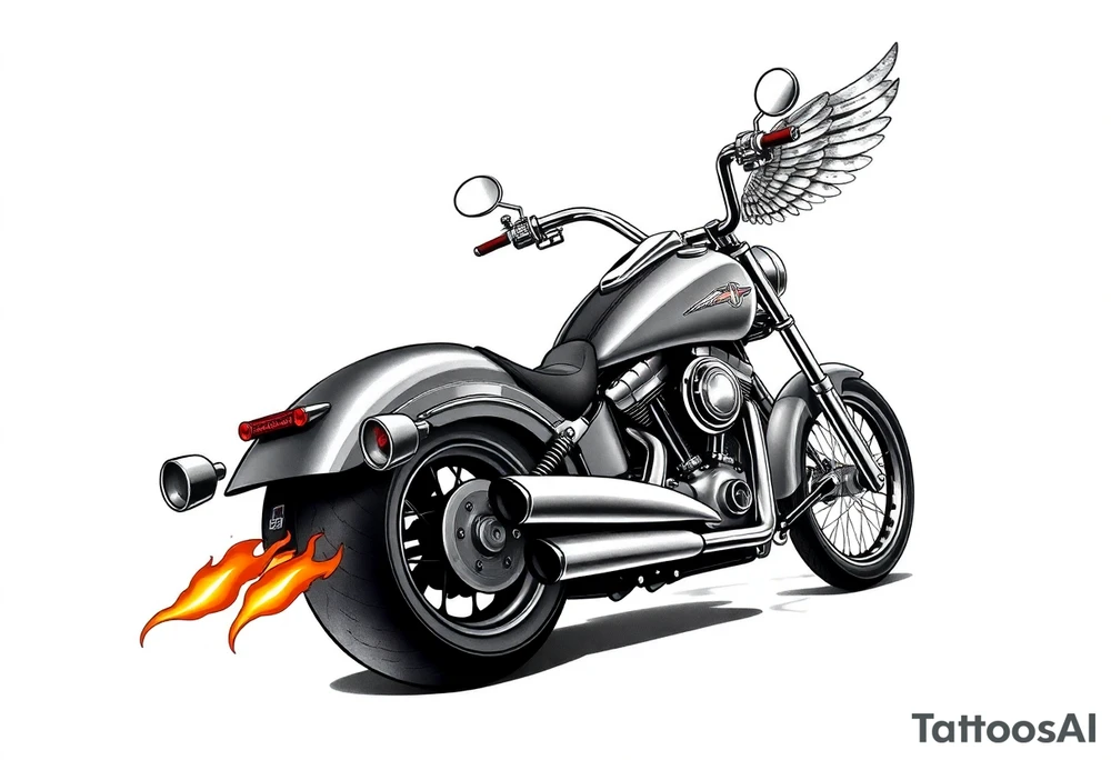 Low rider grey motorcycle, big muffler pipes with flames, angel wings, driving away, no person tattoo idea