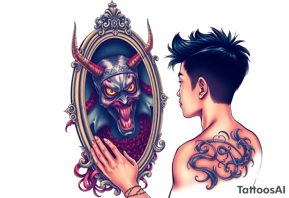 Handsome Asian young guy is looking in cursed mirror and see a demon tattoo idea