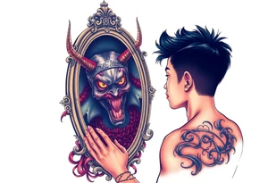 Handsome Asian young guy is looking in cursed mirror and see a demon tattoo idea