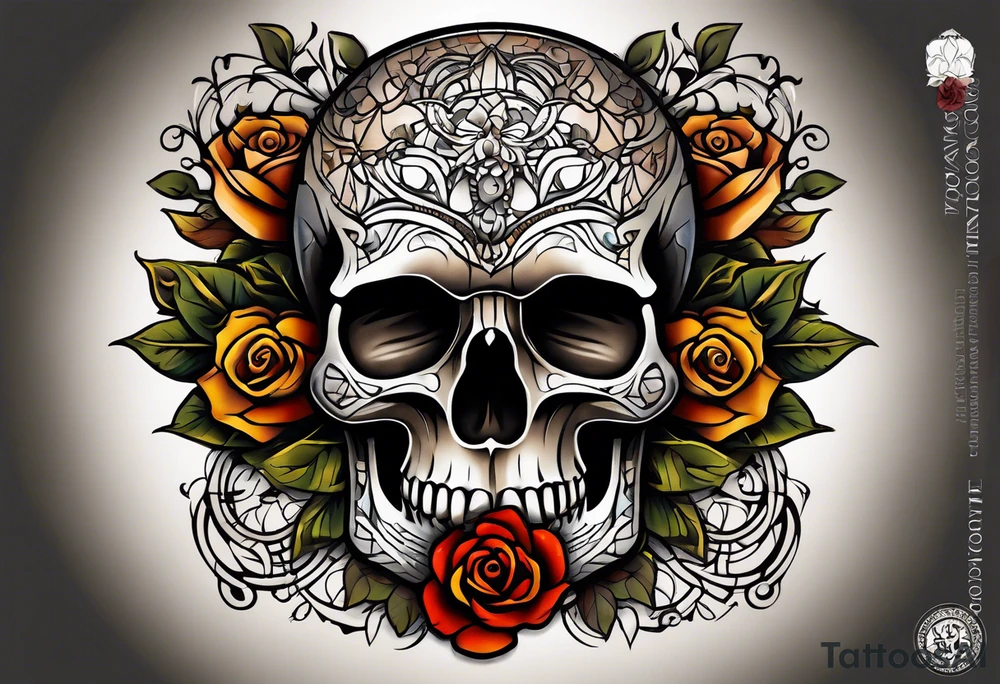 traditional Knee tattoo in fall colors showing a large skull with a rose in the style of Mark Mahoney tattoo idea