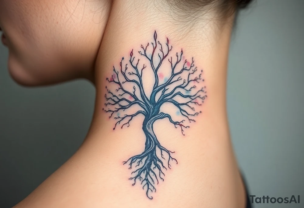 mystical tree of life with cosmic roots and celestial branches tattoo idea