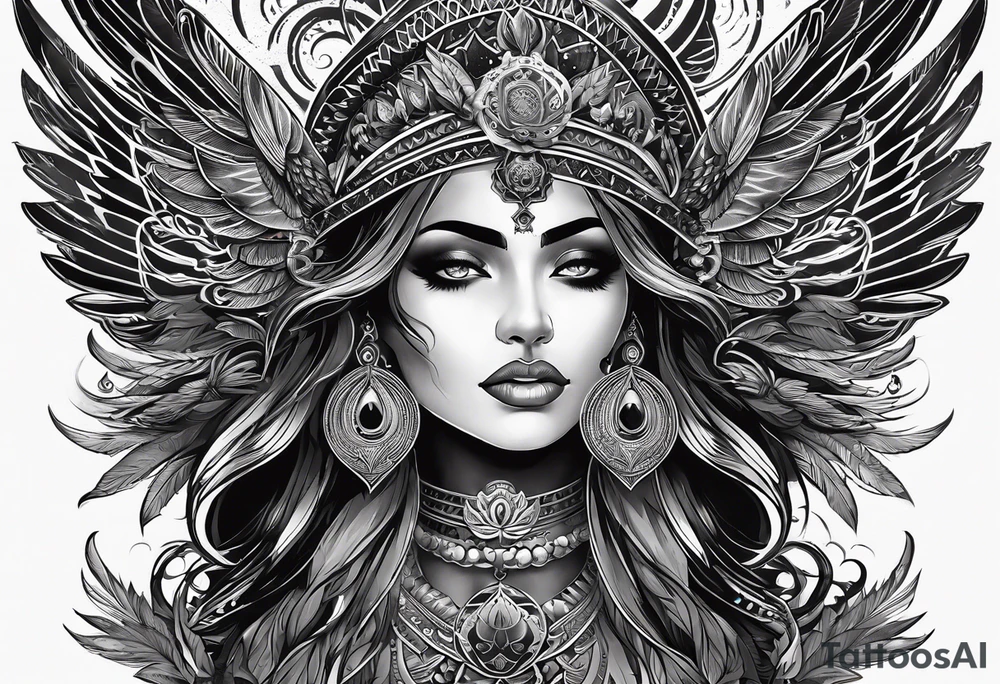 black kali, goddess pirate, alien, angel, pachamama, valkrye, warrior, flying, skull, lotus azul, wing, eagle, zenza resonance, stars, 5D, anahata chakra tattoo idea