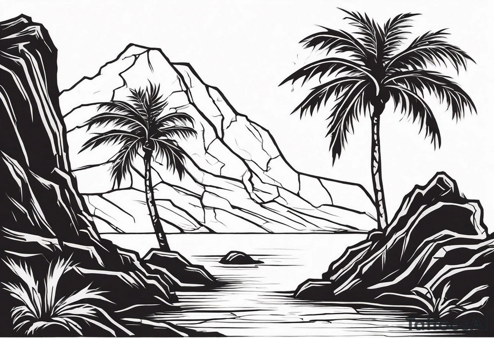 A wax palm grows resiliently from rocky soil, symbolizing growth and resilience. The tree roots are embedded in cracked rock, with a hint of water flowing from the rocks to signify life and nourishment. The design emphasizes the strength of nature’s endurance, with the wax palm standing tall and vibrant. tattoo idea