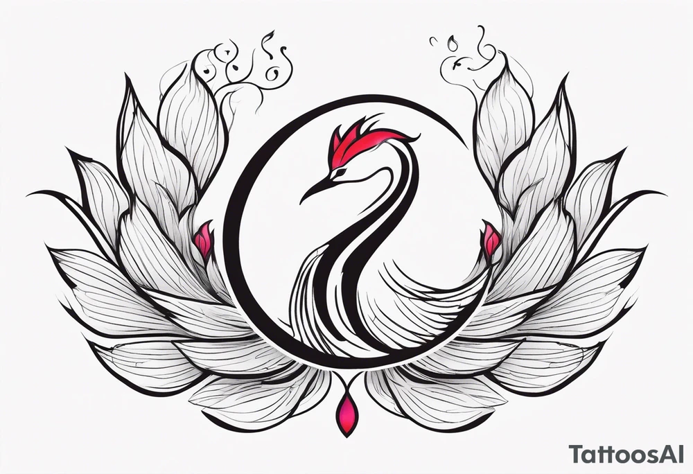 Phoenix avec symbole yin yang et fleur de lotus +lettres A et V tattoo idea
