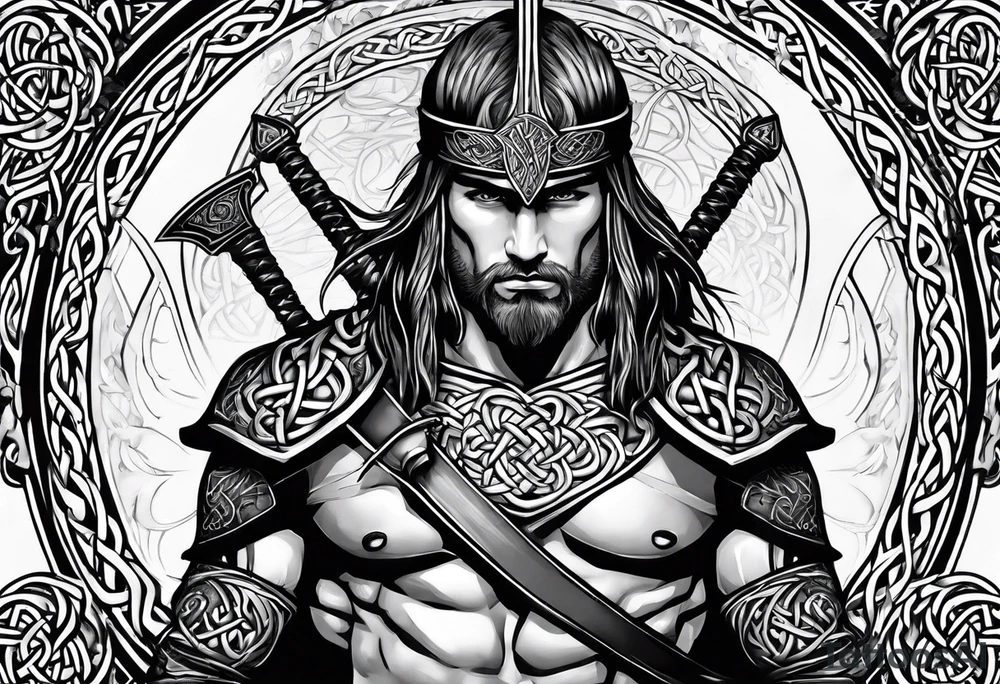 Celtic warrior facing left with sword drawn full body tattoo idea