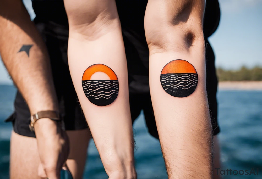 This is an extremely simple and minimalistic tattoo placed on male forearm. It is black and white with tiny splashes of orange from the sun. The tattoo is 4 inches wide by 2 inches tall. From the perspective of being on the ocean, the water is calm, with no waves in sight, the sun is setting behind the ocean, reflecting light onto the water. Most importantly, the tattoo in the shape of a rectangle, 4 inches wide by 2 inches tall. tattoo idea