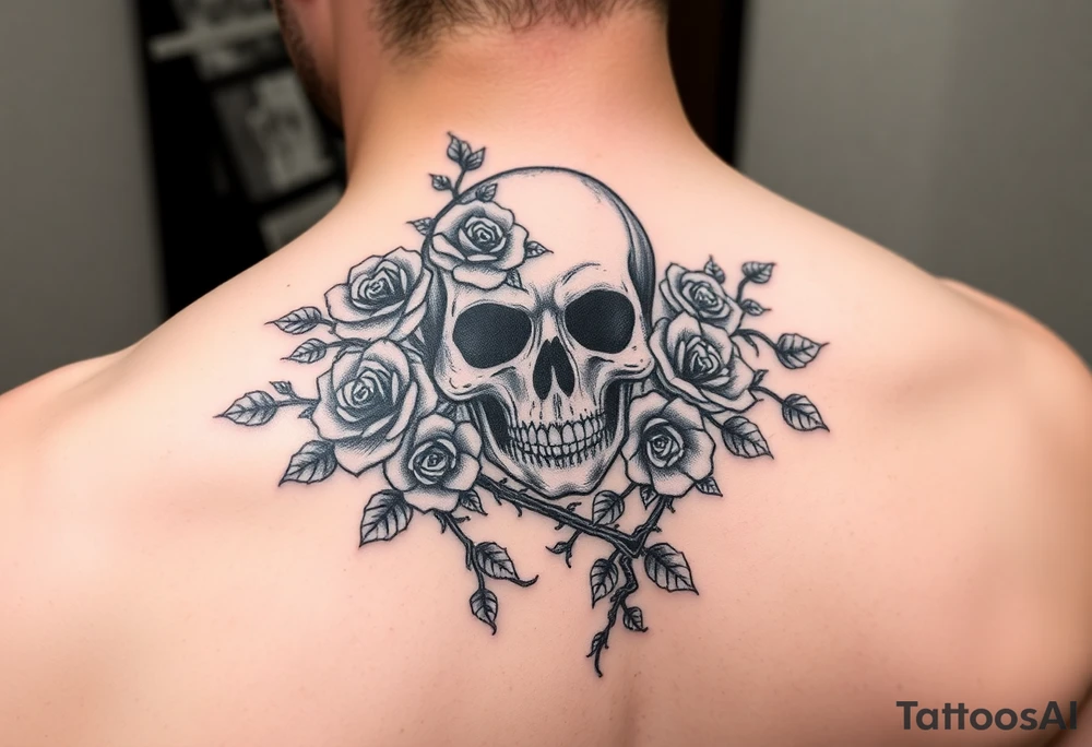 gothic skull intertwined with climbing roses and thorny vines tattoo idea
