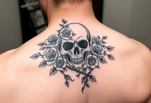 gothic skull intertwined with climbing roses and thorny vines tattoo idea