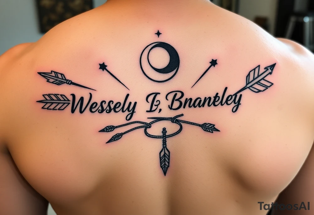 Name tattoo with Wesley Brantley Logan with entwined arrows and moons and stars tattoo idea