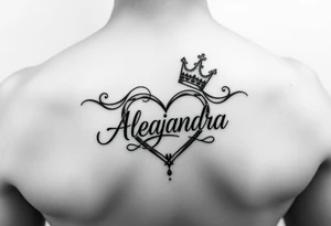 the name Alejandra in a heart with a crown tattoo idea