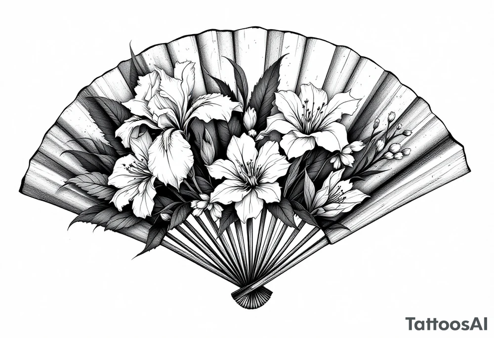 Irises flowers and cherry blossom on a fan tattoo idea