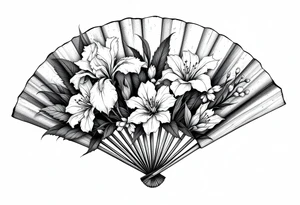 Irises flowers and cherry blossom on a fan tattoo idea
