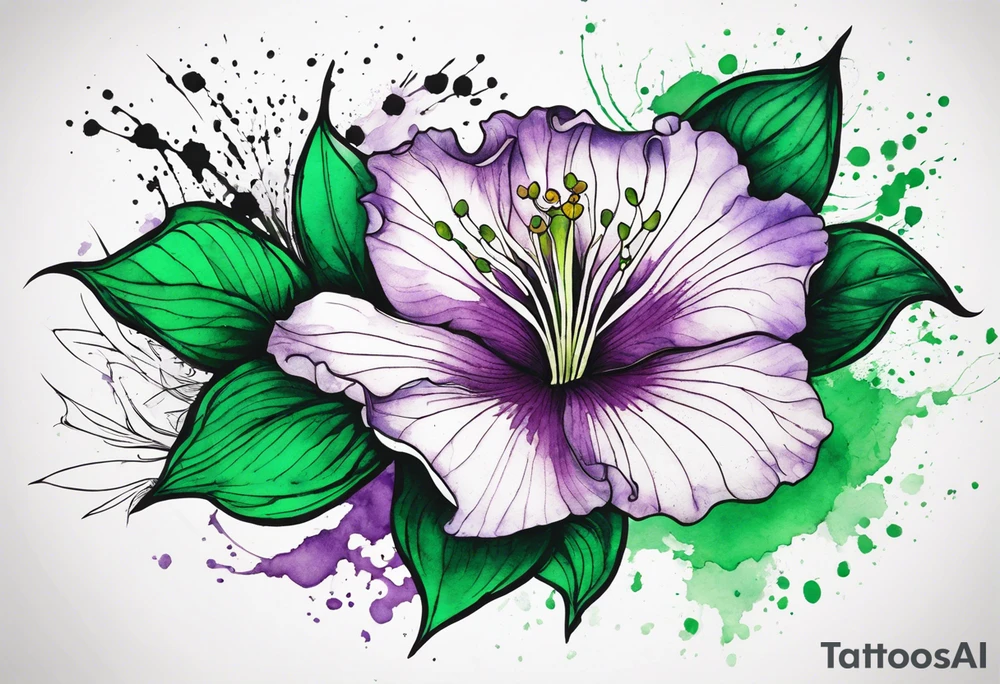 An outline of a green rio dipladenia flower and a green and purple watercolor splash in the background tattoo idea