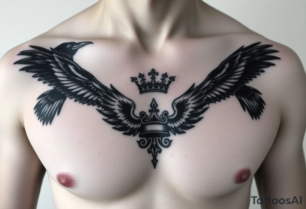 Chest tattoo, two ravens and icelandic symbols, dark brest tattoo, crown betwen ravens tattoo idea