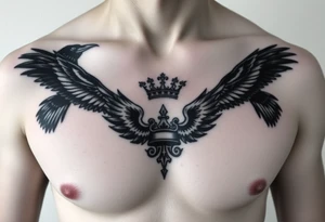 Chest tattoo, two ravens and icelandic symbols, dark brest tattoo, crown betwen ravens tattoo idea