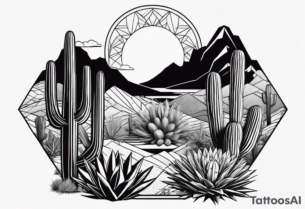 Arizona desert with lakes and mountains over cactus all in the shape of a diamond tattoo idea