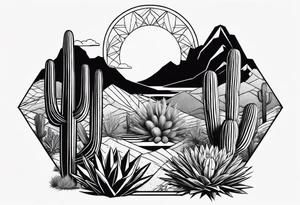 Arizona desert with lakes and mountains over cactus all in the shape of a diamond tattoo idea