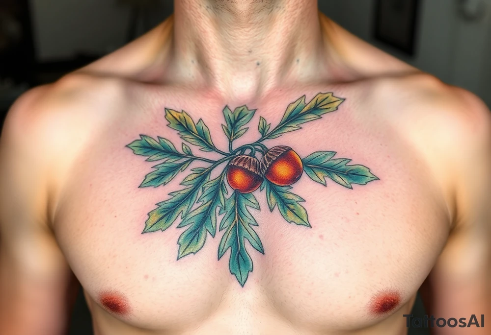 on the chest an oak branch with thick leaves and acorns oak branch with thick leaves and acorns tattoo idea