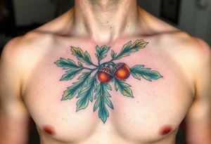on the chest an oak branch with thick leaves and acorns oak branch with thick leaves and acorns tattoo idea