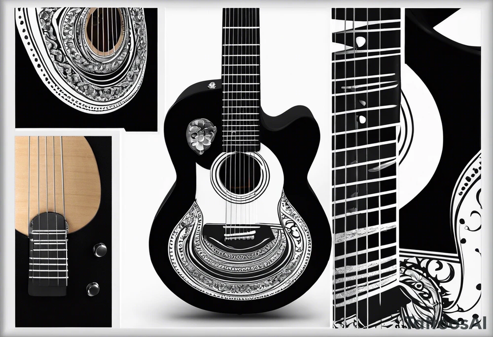 A minimalist guitar design, small in size, with clean lines and vintage detailing. The guitar represents a deep connection to music, with a classic, understated design that captures its essence without embellishments. tattoo idea