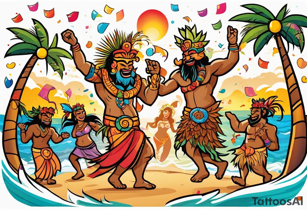 dancing tiki gods dance party on the beach with a sunset in the center of the image with confetti and music notes and tattoo idea