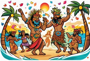 dancing tiki gods dance party on the beach with a sunset in the center of the image with confetti and music notes and tattoo idea