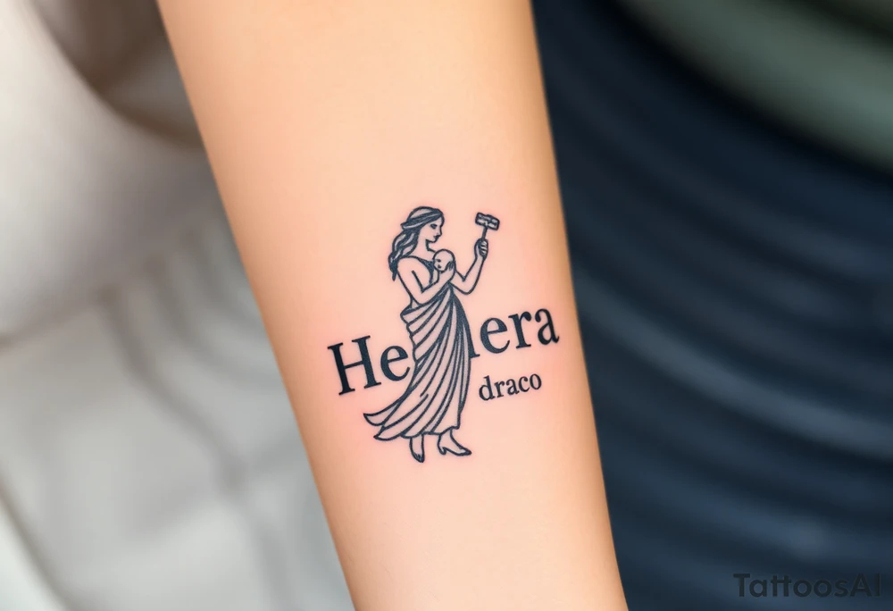 Greek black goddess Hera holding a baby in her right an a Draco with drum in the left hand tattoo idea